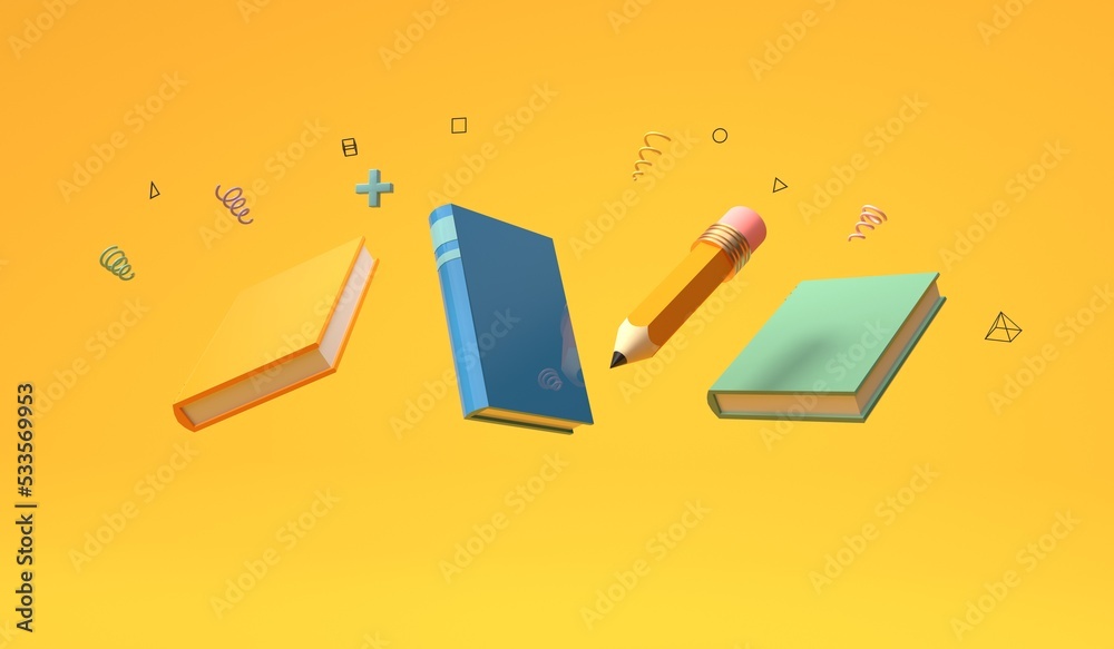 Books and a pencil - Educational theme - 3D render