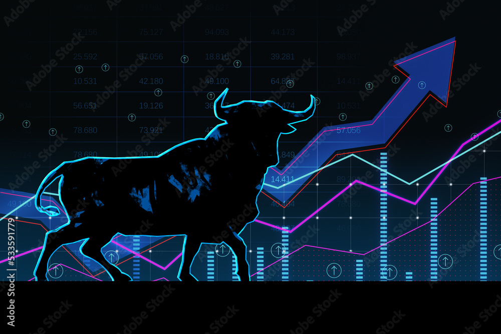 股市走高，牛市趋势概念，黑暗背景下的数字牛市轮廓