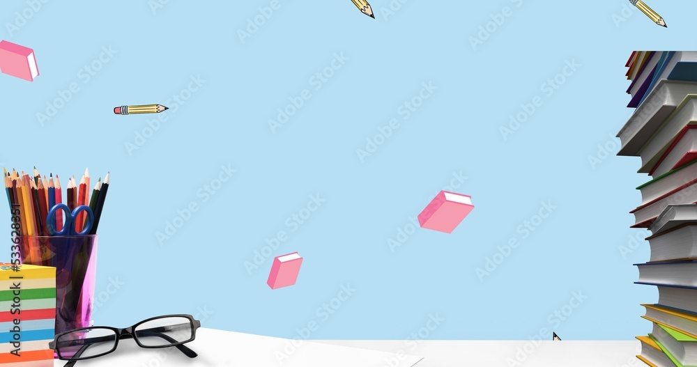 蓝色背景下，飞行铅笔和书、办公用品和桌子上的书的组合
