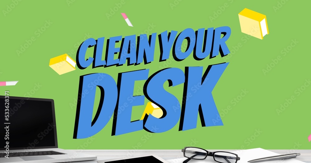 用掉落的刀具和桌子上的笔记本电脑清理桌子上的文字