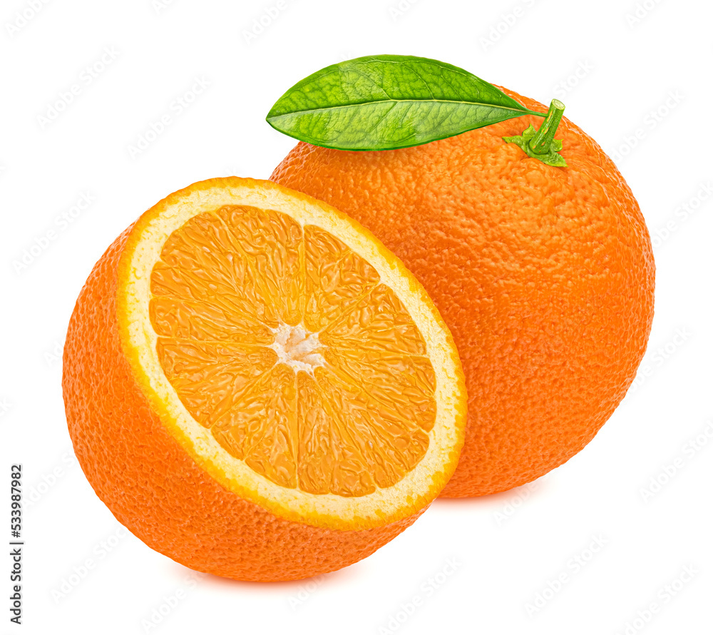 橙色果实，叶片隔离在白色背景上