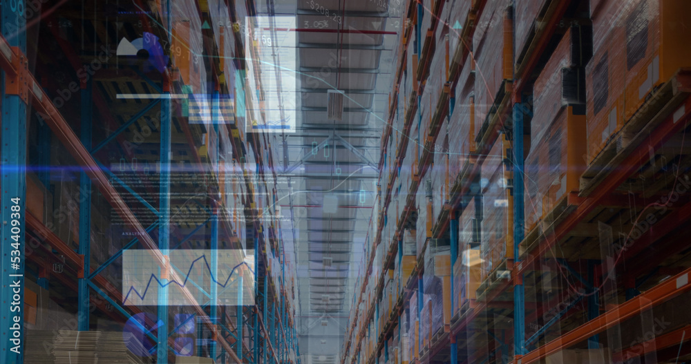 Image of financial data processing over warehouse