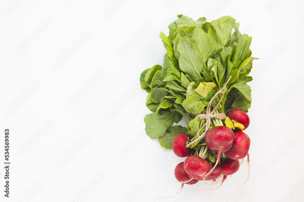 Bunch of fresh organic red radish with leaves on white background