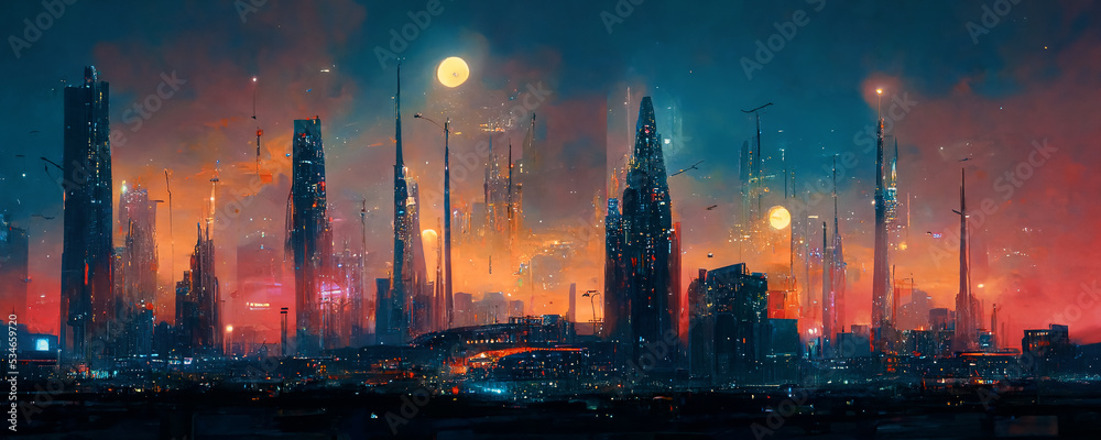 未来幻想世界赛博朋克城市的壮观夜晚，摩天大楼在飞翔