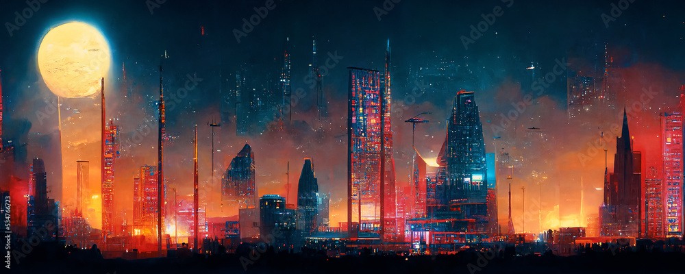 Spectacular nighttime in cyberpunk city of the futuristic fantasy world features skyscrapers, flying