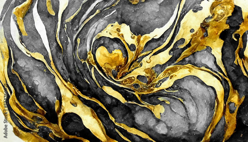 A spectacular texture black-and-gold abstract design rippling like a solid wave of liquid. Digital 3