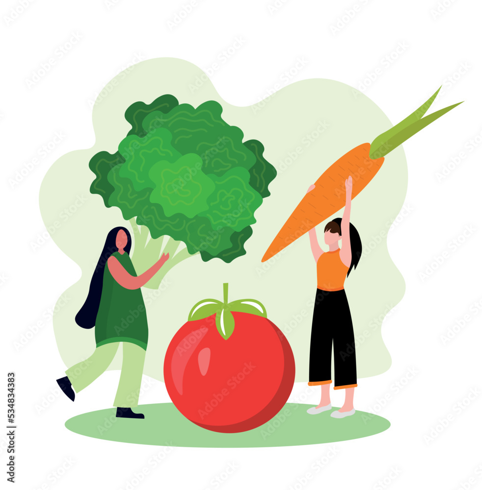 白色背景下的女性和不同的健康蔬菜
