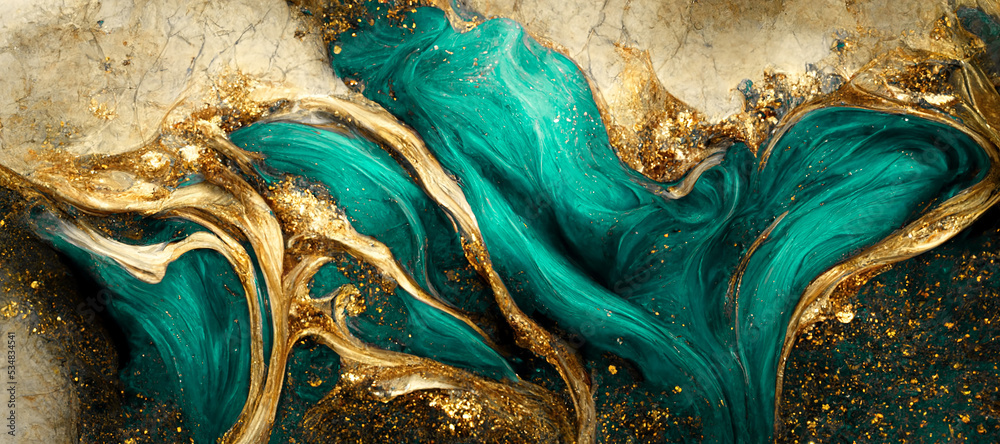 蓝绿色和金色漩涡的壮观逼真抽象背景。数字艺术3D插图
