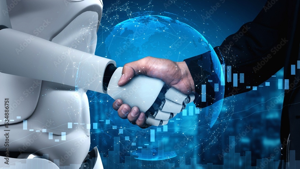 3D渲染人类机器人握手，通过人工智能思维协作未来技术开发br