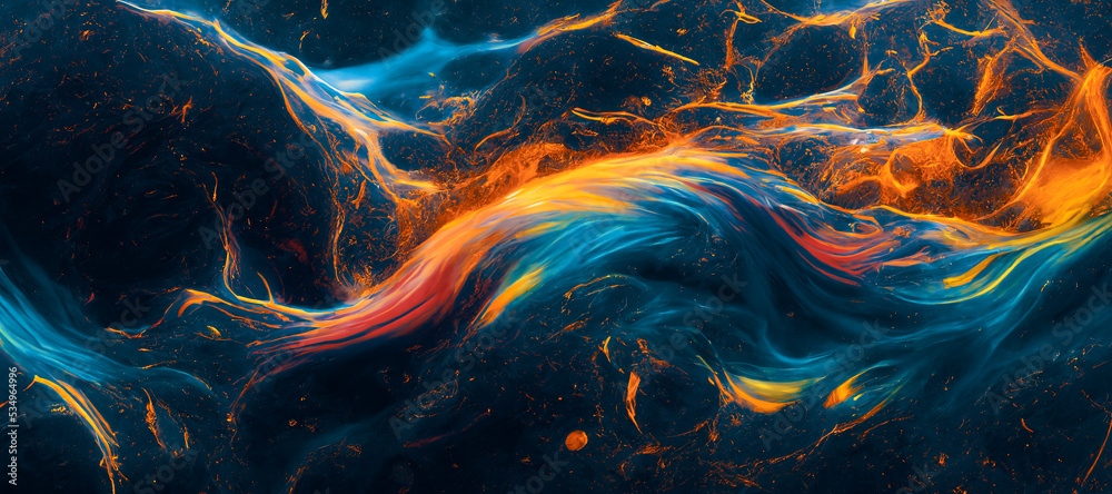 Spectacular image of blue and orange liquid ink churning together, with a realistic texture and grea