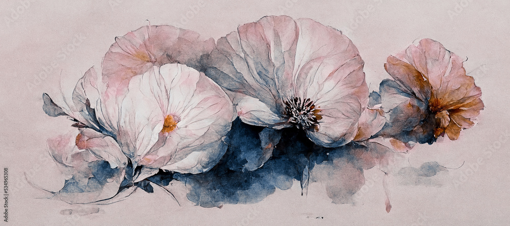一朵花的手绘水彩，白色花粉，鲜艳的叶子，在白色背景下展示