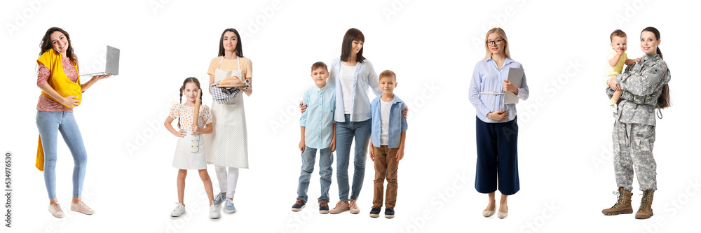 白色背景下年轻母亲与孩子的拼贴