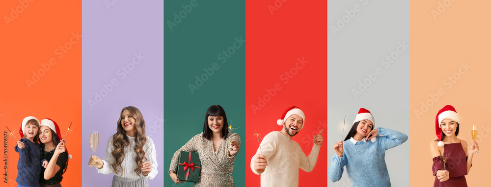 与手持圣诞亮片的人们在彩色背景下拼贴