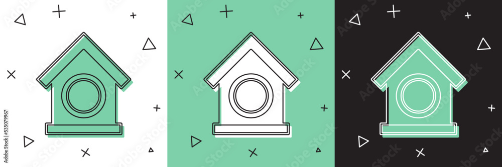 Set Dog house icon isolated on white and green, black background. Dog kennel. Vector