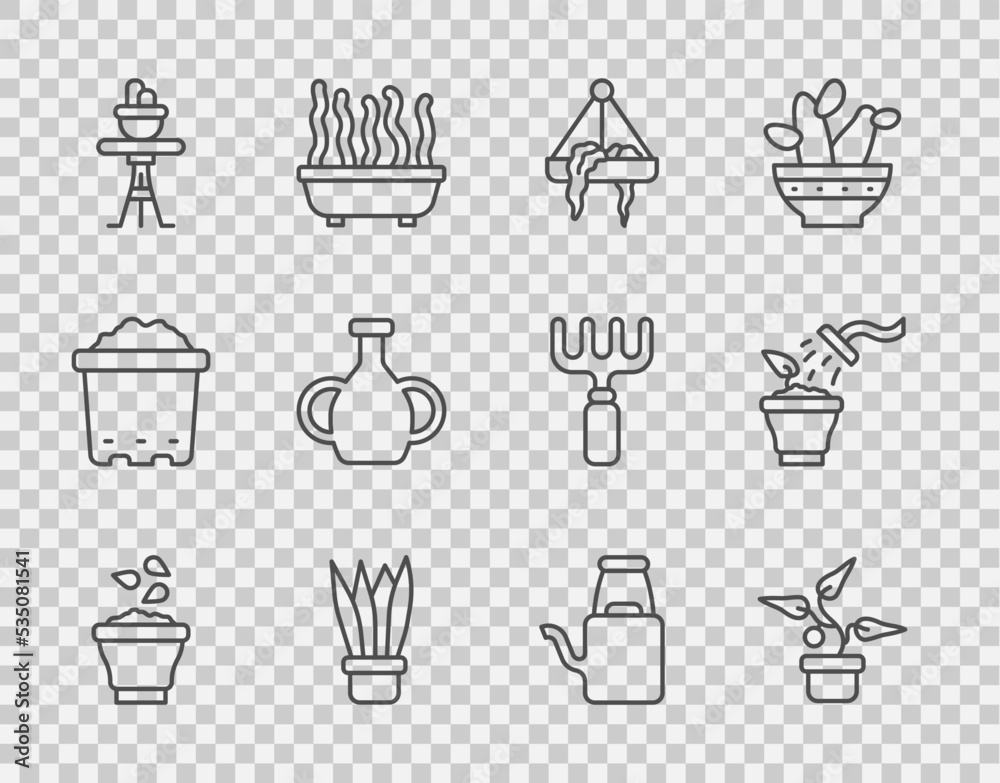 将种子放在碗里、花盆里、悬挂在桌子上、花瓶里、浇水罐里和喷洒植物图标。Ve