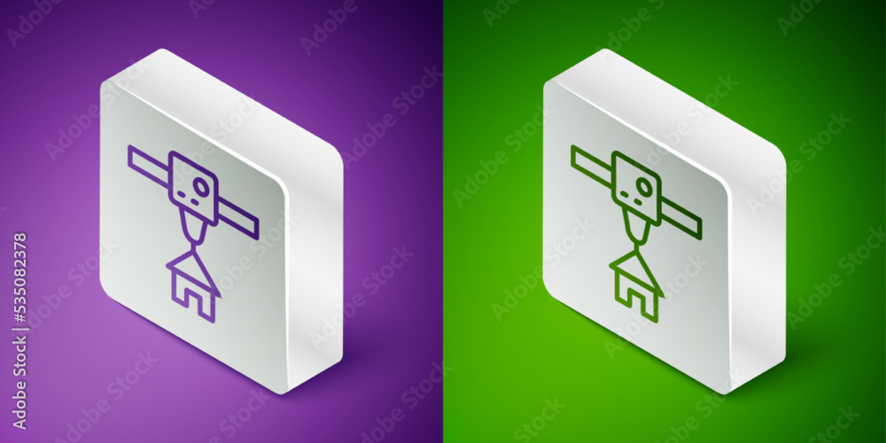 隔离在紫色和绿色背景上的等距线3D打印机房屋图标。3D打印。银色平方