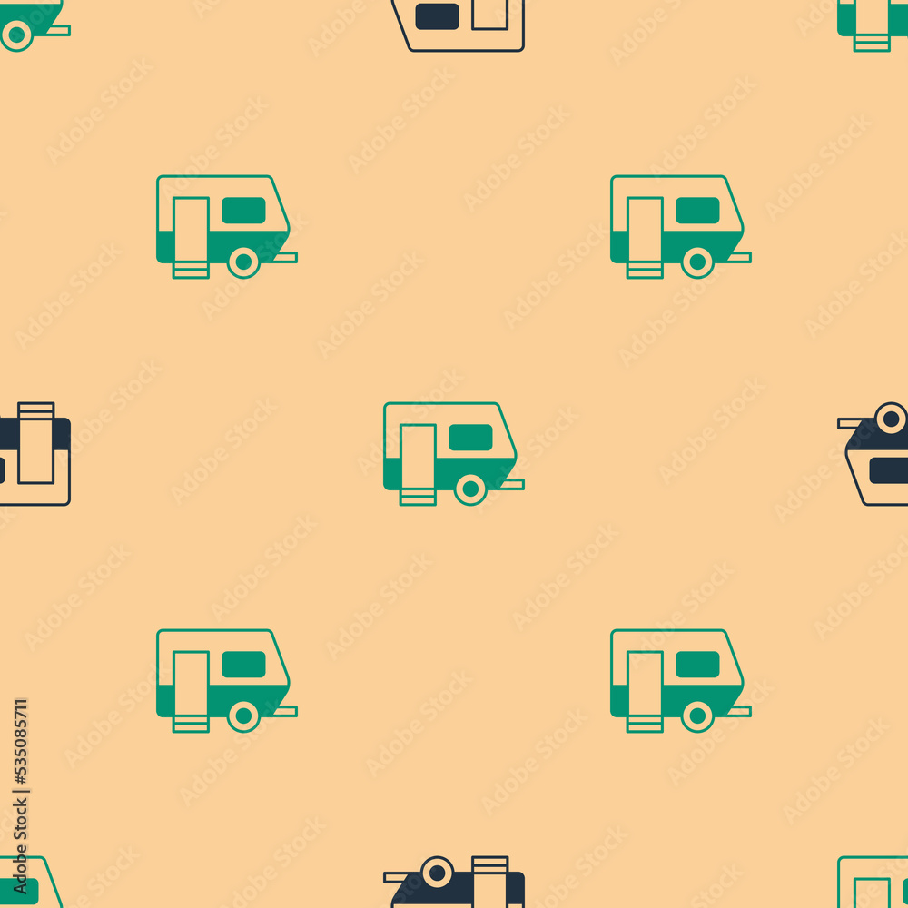 绿色和黑色Rv露营拖车图标在米色背景上隔离无缝图案。旅行手机