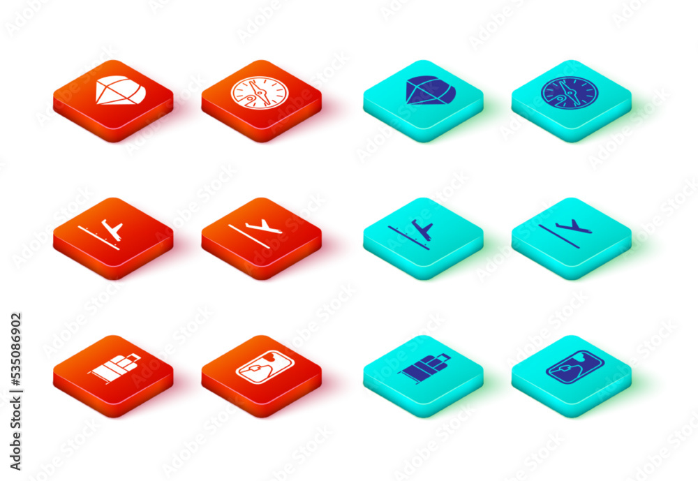 Set Suitcase, Airplane window, Plane landing, takeoff, Compass and Parachute icon. Vector