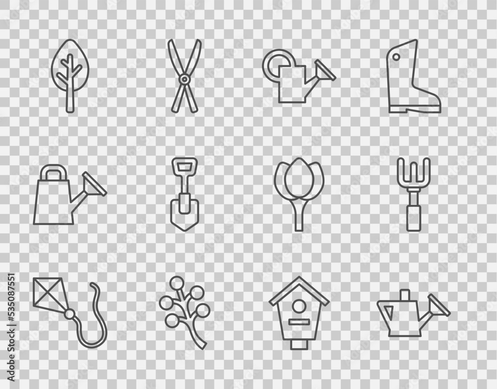 设置风筝、水罐、花枝、森林、铲子、鸟屋和花园耙子图标.V
