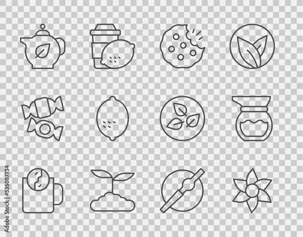 设置茶时间、花、饼干或饼干、叶子、茶壶、柠檬、香烟和图标。矢量
