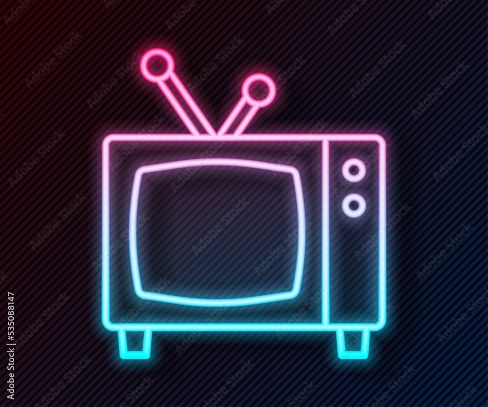 闪亮的霓虹灯线条复古电视图标隔离在黑色背景上。电视标志。矢量