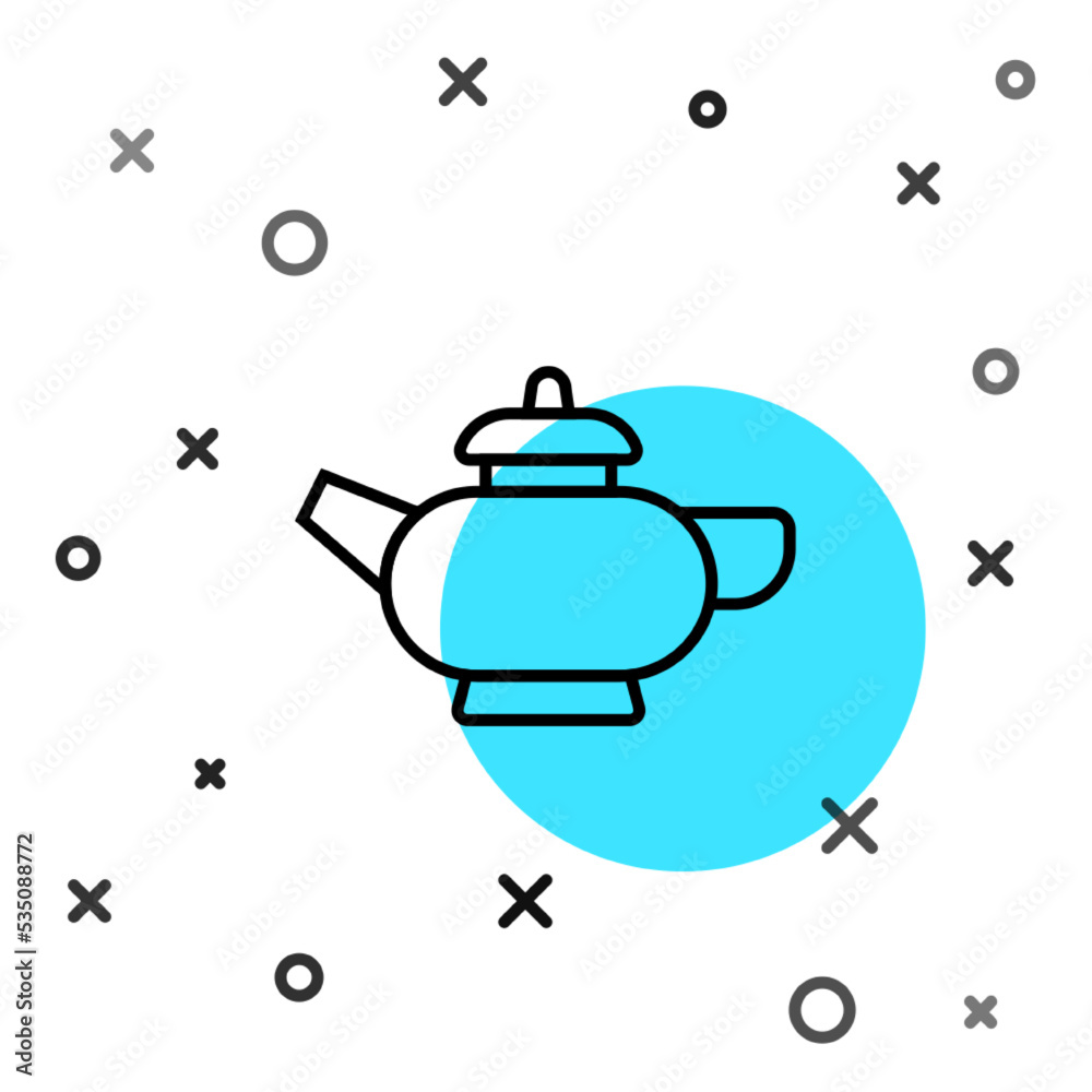 黑线中国传统茶道图标，白底隔离。带杯子的茶壶。兰德