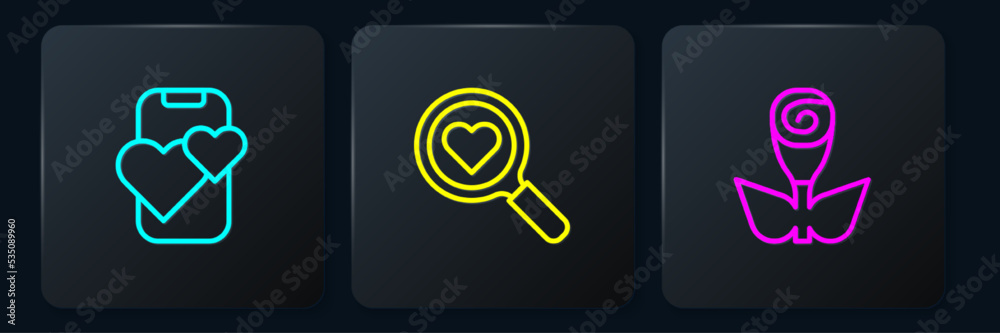 设置约会应用程序在线手机，Flower rose和Search heart and love。黑色方形按钮。Vecto
