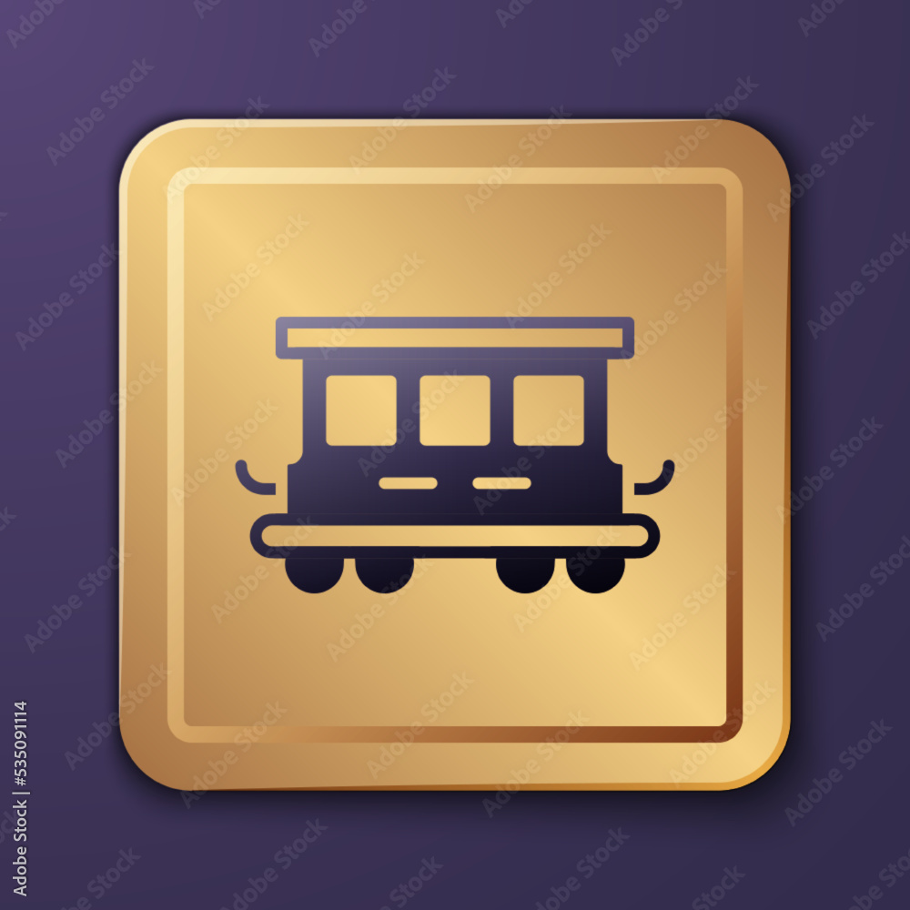 紫色背景上隔离的紫色客车玩具图标。铁路车厢。金色方块布