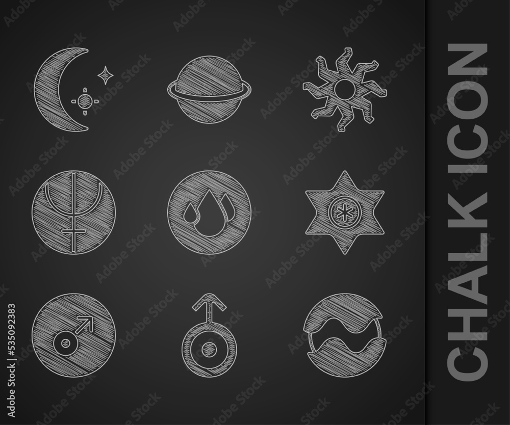 设置水滴，符号天王星，行星，流星，火星符号，海王星，太阳和月亮以及s