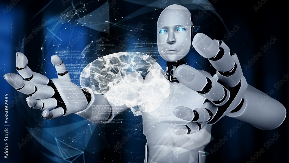 人工智能人形机器人手持虚拟全息屏幕，展示人工智能大脑和人工智能的概念