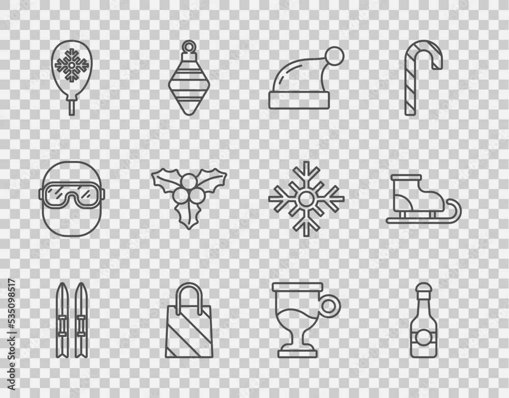 套装滑雪板和滑雪棒、香槟瓶、圣诞老人帽、购物袋、带锡气球