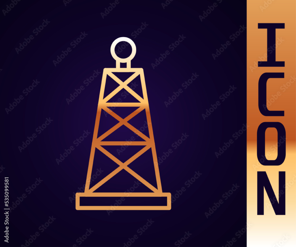 金线石油钻机图标隔离在黑色背景上。天然气塔。工业物体。矢量