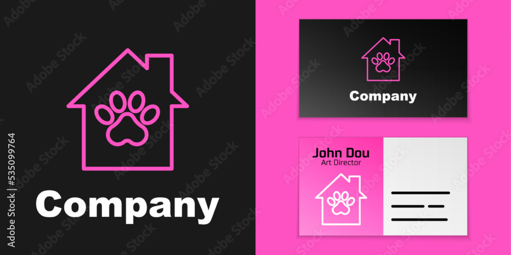Pink line Pet house icon isolated on black background. Logo design template element. Vector