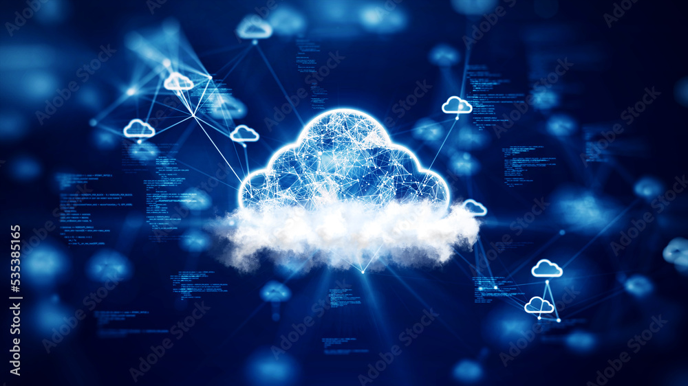 具有网络安全数据保护的云和边缘计算技术概念。一个大型云图标