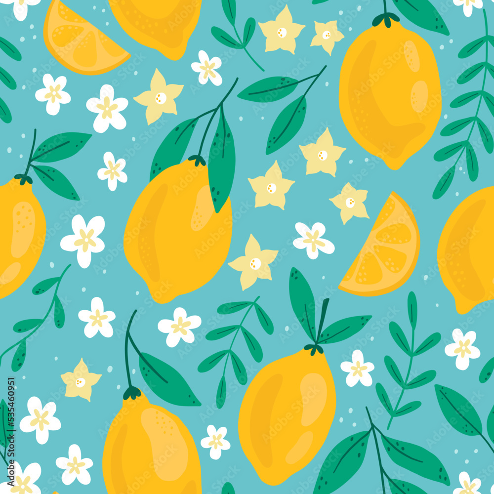 热带无缝图案，蓝色背景为黄色柠檬。时尚手绘纹理。水果
