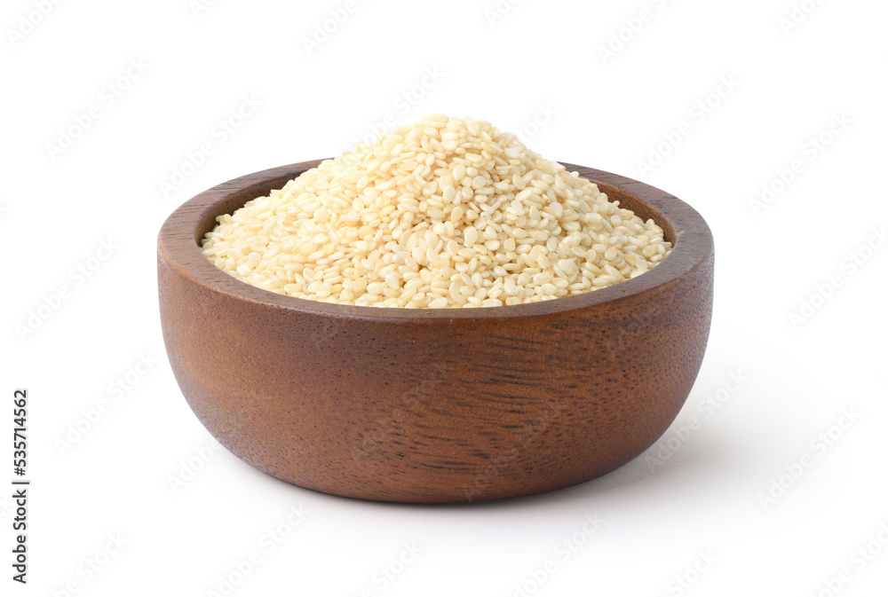 White sesame seeds with wooden bowl isolated on white background. Clipping path.