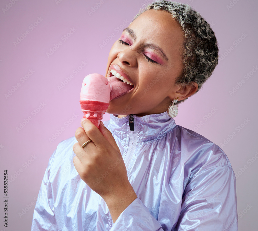 Ice cream, summer dessert and woman with smile while eating against a pink mockup studio background.