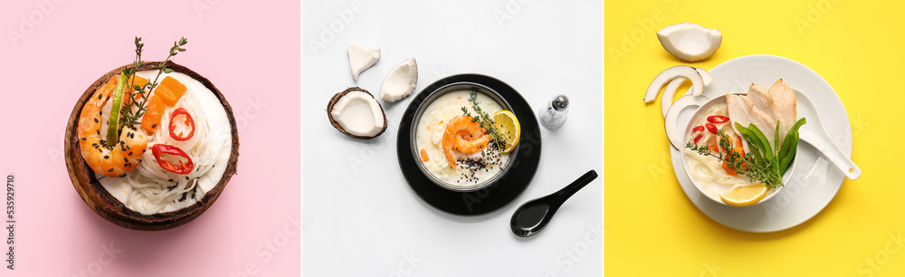 彩色背景上美味的泰国汤拼贴