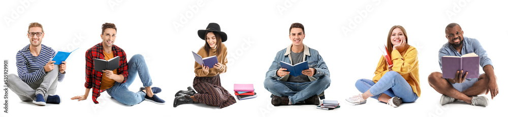 坐着的年轻人与白底书籍的拼贴画