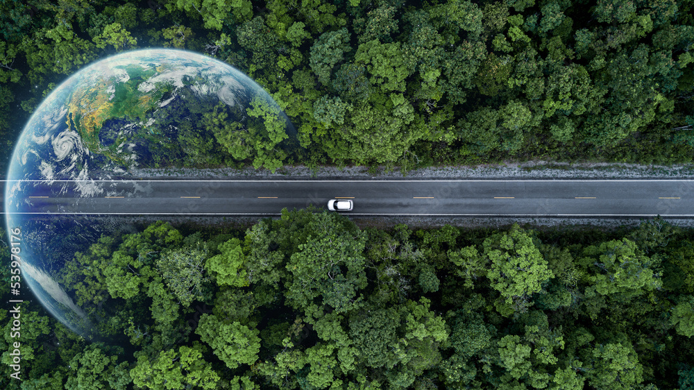 地球穿越森林，森林路上的生态汽车，生态系统生态健康环境