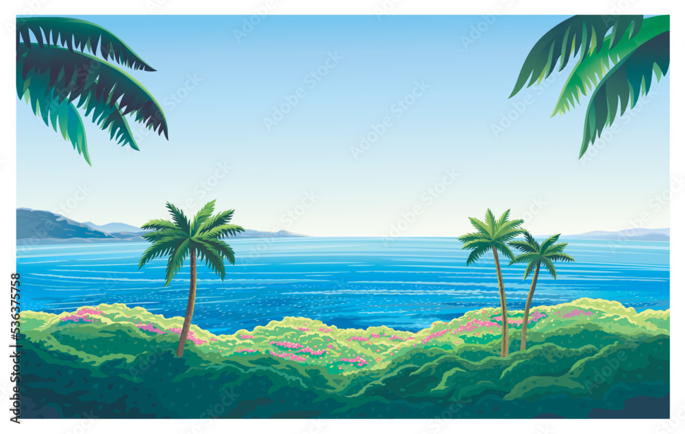以海岸和棕榈树、丛林和大海为背景的夏季海景。矢量插图
