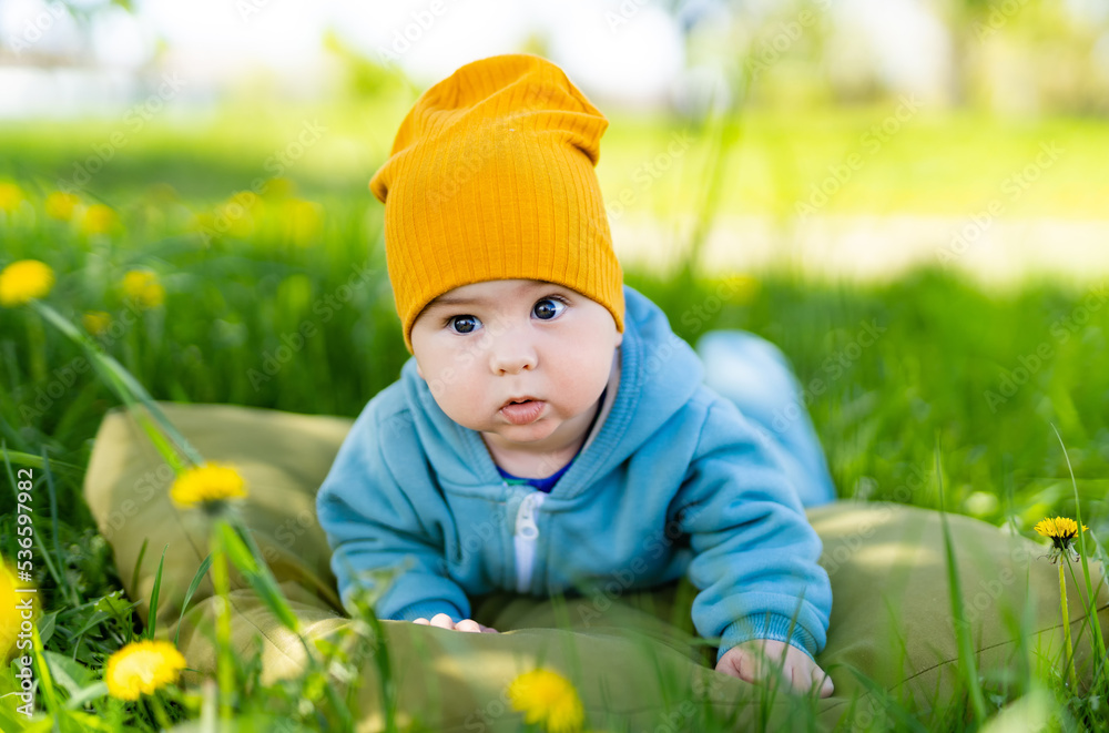 Little cute boy laying outdoor. Young cheerful kid in the garden.