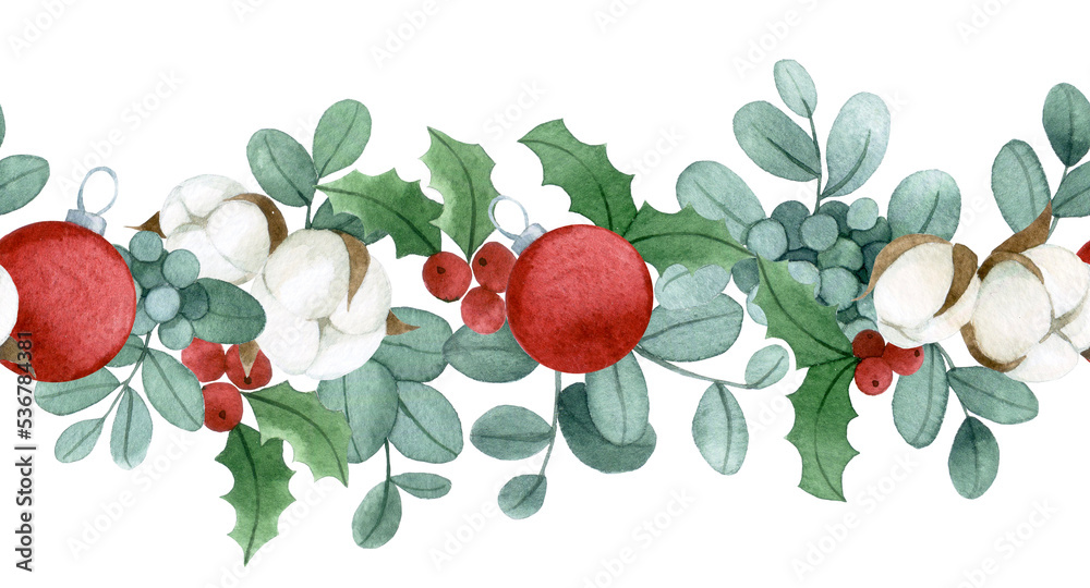 Watercolor drawing. Seamless border. Eucalyptus leaves and cotton flowers, holly leaves. Christmas d