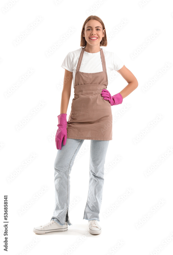 Pretty woman in rubber gloves on white background