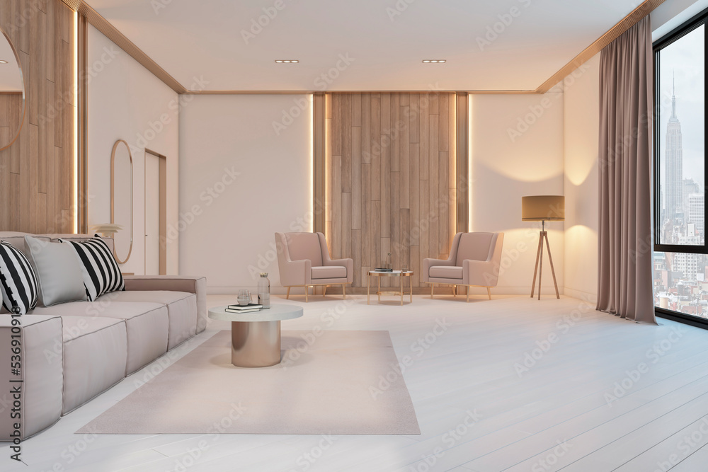 时尚的客厅，配有浅粉色沙发、地毯上的现代咖啡桌和复古设计的扶手椅o