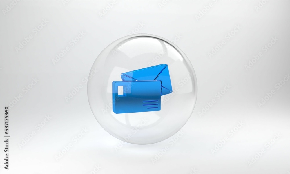 灰色背景上隔离的蓝色信封图标。电子邮件字母符号。玻璃圈按钮。3D
