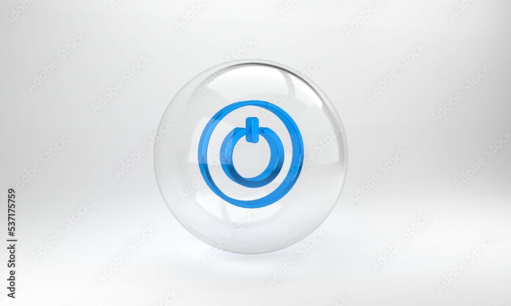 蓝色电源按钮图标隔离在灰色背景上。启动标志。玻璃圈按钮。3D渲染插图