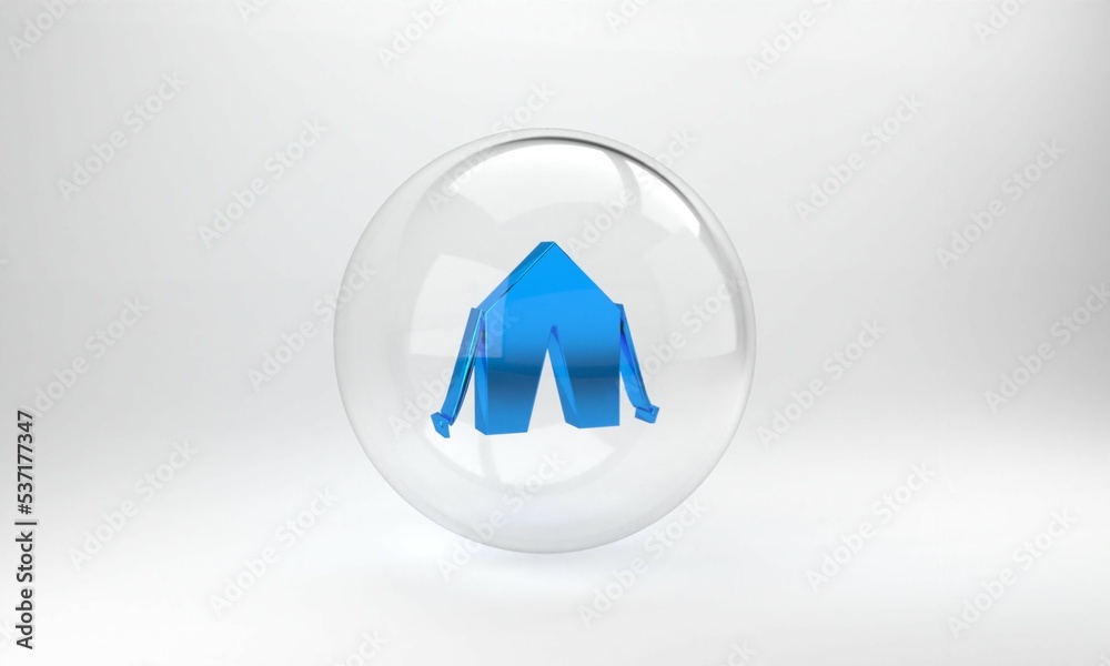 灰色背景上隔离的蓝色旅游帐篷图标。露营符号。玻璃圈按钮。3D渲染i