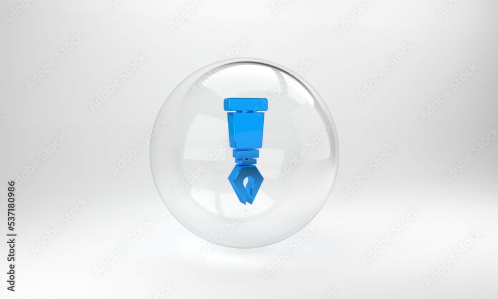 蓝色喷泉笔尖图标隔离在灰色背景上。钢笔工具标志。玻璃圆圈按钮。3D rende