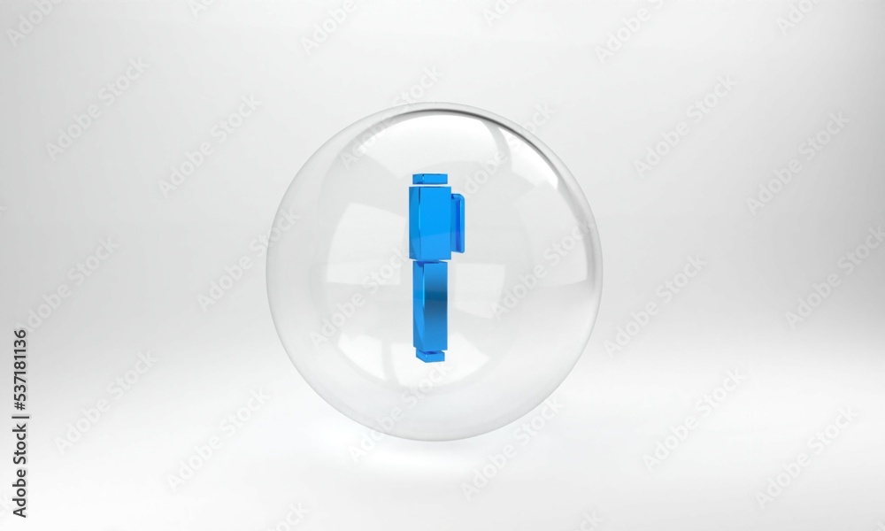 蓝色笔图标隔离在灰色背景上。玻璃圈按钮。3D渲染图